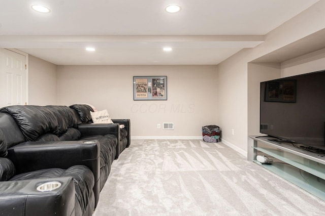 living room with carpet flooring, baseboards, and recessed lighting