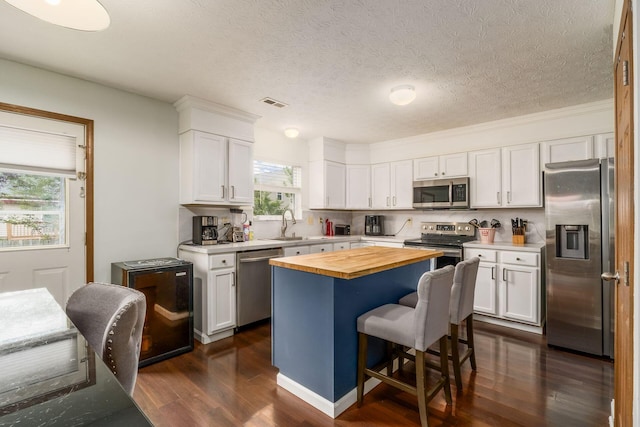 3854 Sugarbark Dr, Canal Winchester, OH 43110 - kitchen with appliances with stainless steel finishes, wooden counters, healthy amount of natural light, dark wood-type flooring, and a textured ceiling