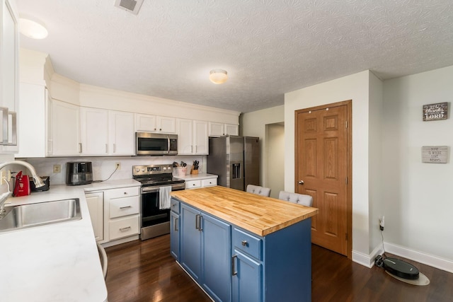 3854 Sugarbark Dr, Canal Winchester, OH 43110 - kitchen featuring appliances with stainless steel finishes, blue cabinetry, a sink, wood counters, and white cabinets