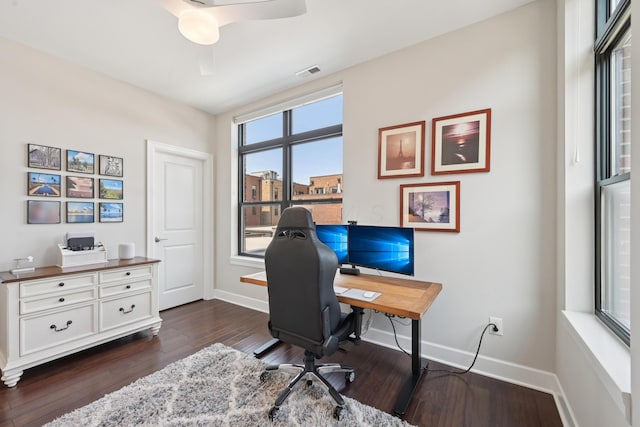 304 Cornelius St, Columbus, OH 43215 - office with dark wood-style floors, baseboards, and ceiling fan