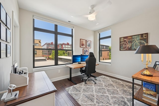 304 Cornelius St, Columbus, OH 43215 - office area featuring dark wood-type flooring, a ceiling fan, and baseboards