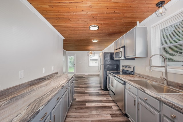 kitchen featuring gray cabinets, a sink, wooden ceiling, stainless steel appliances, and ornamental molding