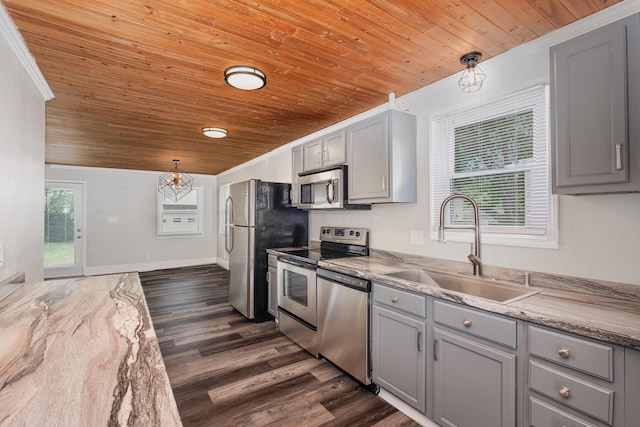 kitchen with gray cabinets, appliances with stainless steel finishes, a sink, wood ceiling, and ornamental molding