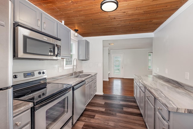 kitchen with appliances with stainless steel finishes, crown molding, a sink, gray cabinets, and wooden ceiling