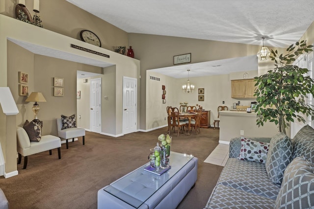 577 S Market St, Lithopolis, OH 43136 - living area featuring dark colored carpet, a chandelier, vaulted ceiling, baseboards, and a textured ceiling