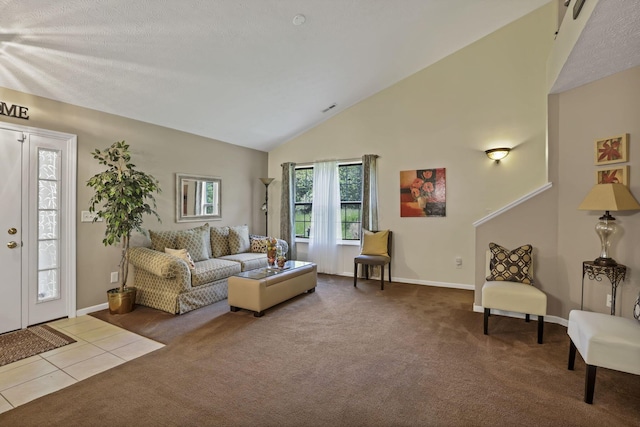 577 S Market St, Lithopolis, OH 43136 - carpeted living room featuring baseboards, high vaulted ceiling, and tile patterned flooring