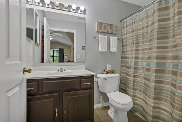 577 S Market St, Lithopolis, OH 43136 - full bathroom featuring vaulted ceiling, toilet, vanity, a ceiling fan, and baseboards