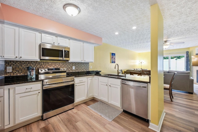 5210 Novelty Ave Unit 73D, Canal Winchester, OH 43110 - kitchen with stainless steel appliances, open floor plan, a sink, a textured ceiling, and light wood-style floors