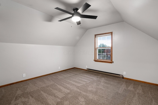 692 Millsboro Rd, Mansfield, OH 44903 - additional living space with a baseboard radiator, carpet flooring, a ceiling fan, vaulted ceiling, and baseboards