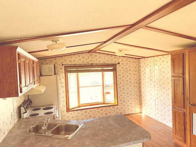 2785 Eckert Rd, Lexington, OH 44904 - kitchen featuring wallpapered walls, electric range, wood finished floors, a sink, and lofted ceiling