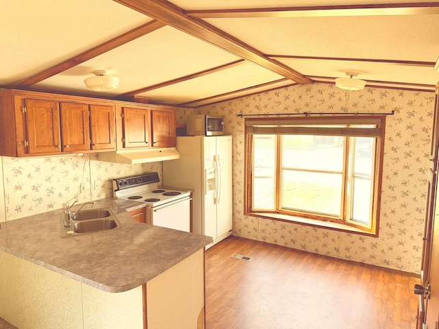 2785 Eckert Rd, Lexington, OH 44904 - kitchen featuring white appliances, a sink, wallpapered walls, light wood-style flooring, and brown cabinetry