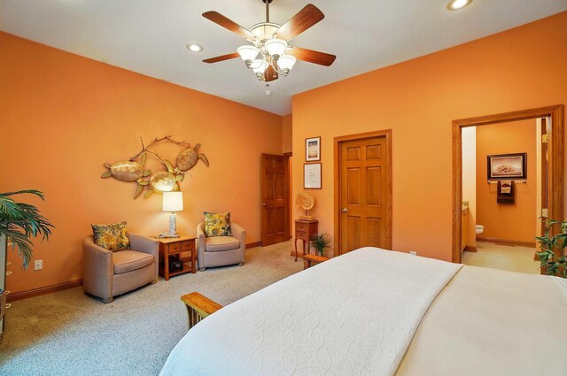1092 George Allen Dr, South Vienna, OH 45369 - bedroom with light carpet, recessed lighting, baseboards, connected bathroom, and a ceiling fan