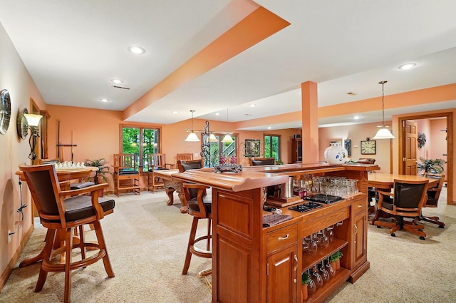 1092 George Allen Dr, South Vienna, OH 45369 - indoor bar featuring light carpet, recessed lighting, and decorative light fixtures