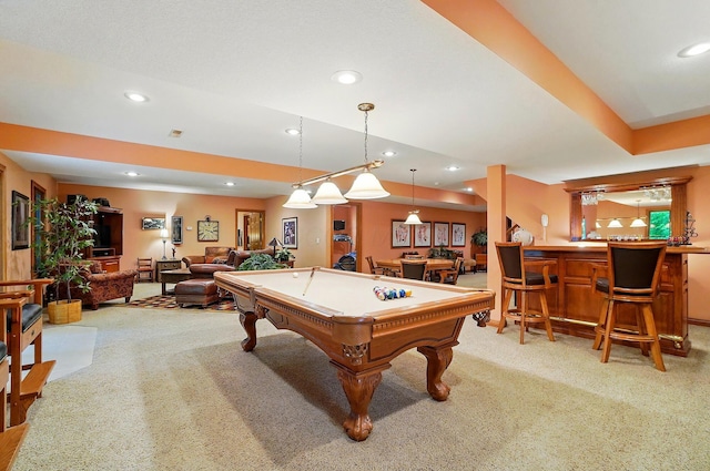 1092 George Allen Dr, South Vienna, OH 45369 - rec room featuring a bar, billiards table, carpet, and recessed lighting