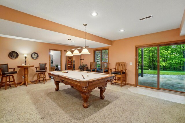 1092 George Allen Dr, South Vienna, OH 45369 - recreation room with billiards, baseboards, light colored carpet, and recessed lighting