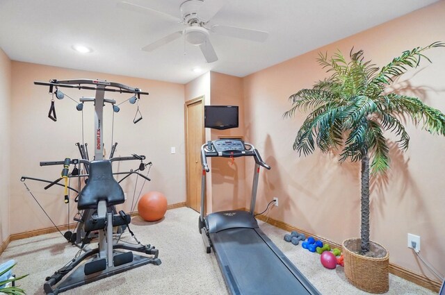 1092 George Allen Dr, South Vienna, OH 45369 - exercise room with ceiling fan, baseboards, carpet floors, and recessed lighting