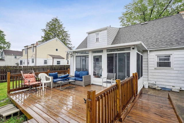 979 Westphal Ave, Columbus, OH 43227 - wooden terrace featuring a sunroom, an outdoor hangout area, and a fenced backyard