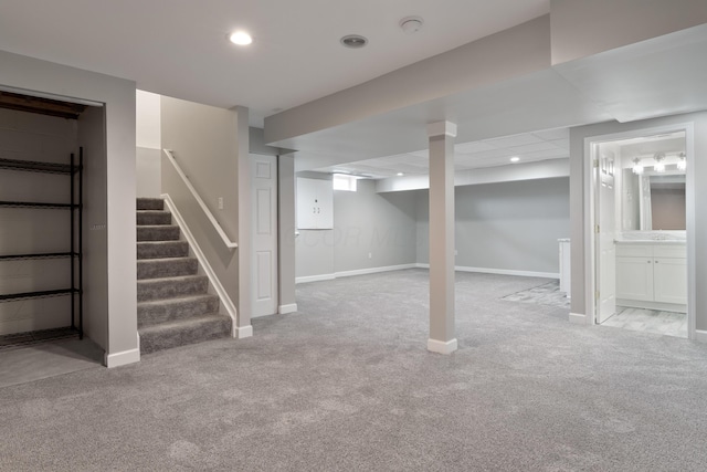 4526 Hoffman Farms Dr, Hilliard, OH 43026 - finished basement featuring carpet flooring, stairs, recessed lighting, and baseboards