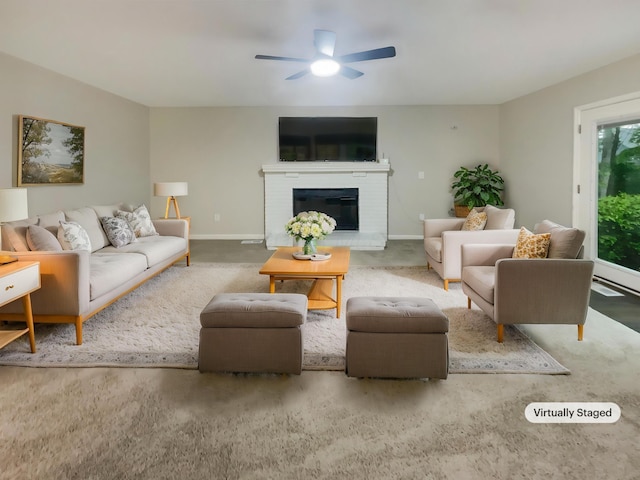 642 Ridenour Rd, Columbus, OH 43230 - carpeted living area with ceiling fan, a fireplace, and baseboards