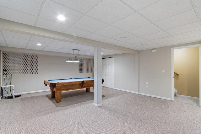 1275 Shelby Cir, Reynoldsburg, OH 43068 - rec room with carpet flooring, a drop ceiling, billiards table, baseboards, and recessed lighting