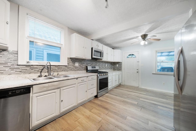 799 E Deshler Ave, Columbus, OH 43206 - kitchen with appliances with stainless steel finishes, a sink, a textured ceiling, tasteful backsplash, and white cabinets