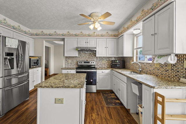 917 Linkfield Dr, Columbus, OH 43085 - kitchen featuring appliances with stainless steel finishes, a sink, dark wood finished floors, ceiling fan, and light stone countertops