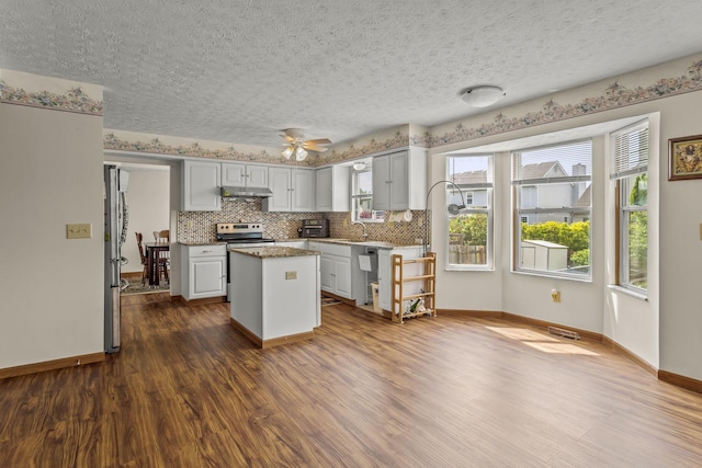 917 Linkfield Dr, Columbus, OH 43085 - kitchen with under cabinet range hood, a kitchen island, dark wood-style floors, appliances with stainless steel finishes, and baseboards