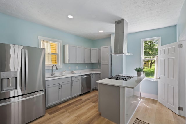 126 S Cherry St, Lancaster, OH 43130 - kitchen featuring stainless steel appliances, gray cabinets, a sink, extractor fan, and light countertops