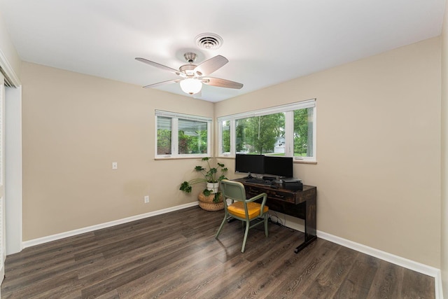 205 Meadowlark Ln, Columbus, OH 43214 - office area featuring baseboards, dark wood finished floors, and a ceiling fan