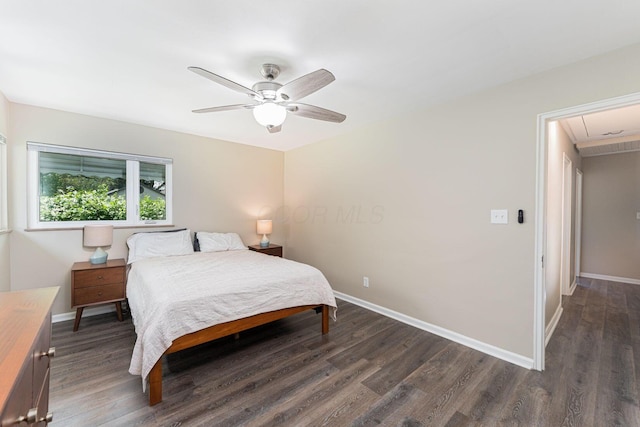 205 Meadowlark Ln, Columbus, OH 43214 - bedroom featuring attic access, baseboards, dark wood finished floors, and a ceiling fan