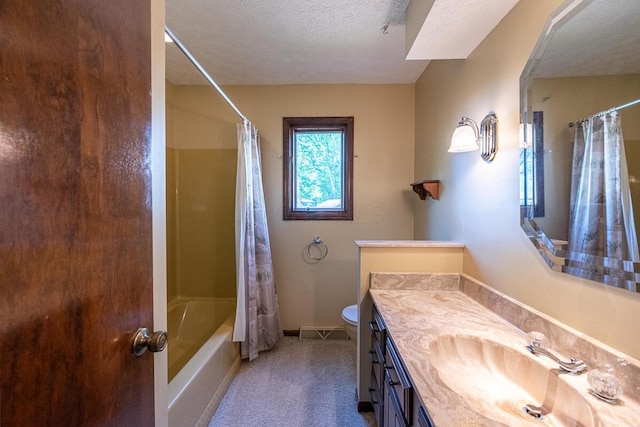735 Cherrington Rd, Westerville, OH 43081 - bathroom featuring vanity, shower / bath combination with curtain, toilet, a textured ceiling, and baseboards