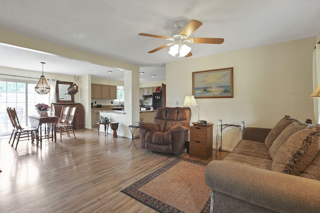 1703 Ringfield Dr, Galloway, OH 43119 - living area featuring plenty of natural light, wood finished floors, ceiling fan, and baseboards