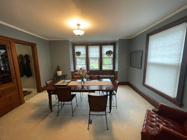 91 Oakland Park Ave, Columbus, OH 43214 - dining space with light carpet, baseboards, and crown molding