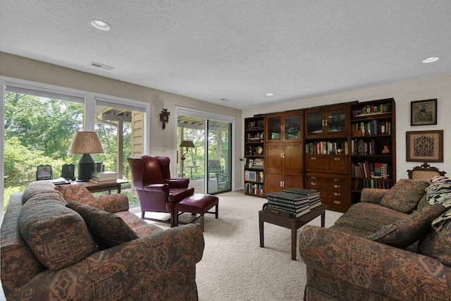 71 Donald Ross Dr, Granville, OH 43023 - living room featuring light colored carpet, a textured ceiling, and recessed lighting