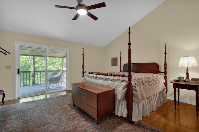 71 Donald Ross Dr, Granville, OH 43023 - bedroom with access to outside, wood finished floors, lofted ceiling, and a ceiling fan