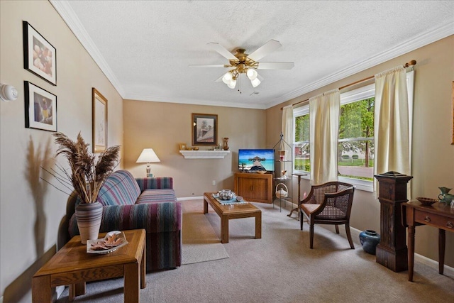 1200 Northridge Rd, Columbus, OH 43224 - carpeted living area with baseboards, ceiling fan, ornamental molding, and a textured ceiling
