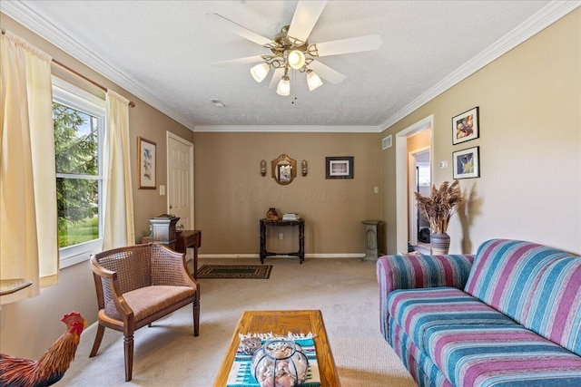 1200 Northridge Rd, Columbus, OH 43224 - carpeted living area with a textured ceiling, ceiling fan, ornamental molding, and baseboards