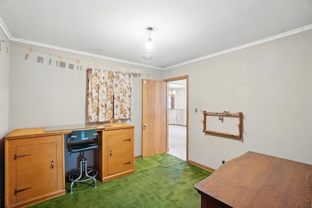 office area featuring light colored carpet, crown molding, and baseboards