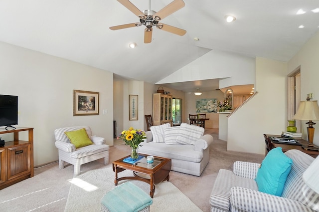 2675 Pine Marsh Dr, Grove City, OH 43123 - living room featuring light carpet, high vaulted ceiling, a ceiling fan, and recessed lighting