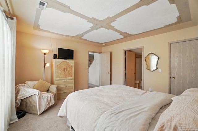2675 Pine Marsh Dr, Grove City, OH 43123 - bedroom featuring light colored carpet, coffered ceiling, and ensuite bathroom