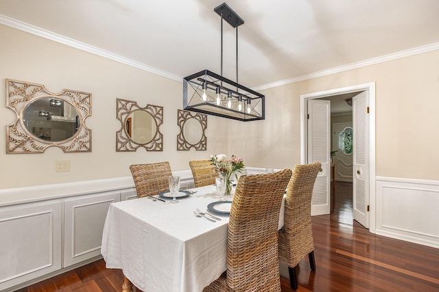 3145 Bembridge Rd, Columbus, OH 43221 - dining room featuring ornamental molding, dark wood-type flooring, and a wainscoted wall