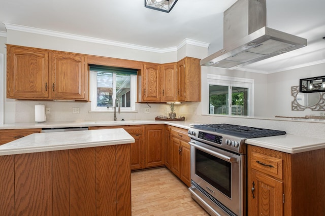 3145 Bembridge Rd, Columbus, OH 43221 - kitchen with appliances with stainless steel finishes, island exhaust hood, a sink, light countertops, and a peninsula