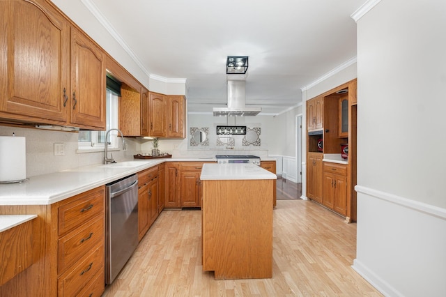 3145 Bembridge Rd, Columbus, OH 43221 - kitchen with dishwasher, a sink, a center island, light countertops, and brown cabinets