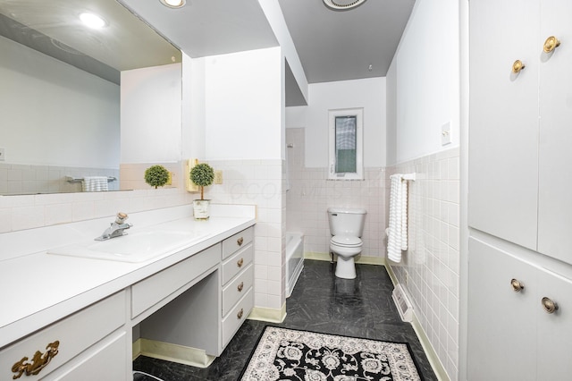 3145 Bembridge Rd, Columbus, OH 43221 - full bath with toilet, vanity, tile walls, a wainscoted wall, and marble finish floors