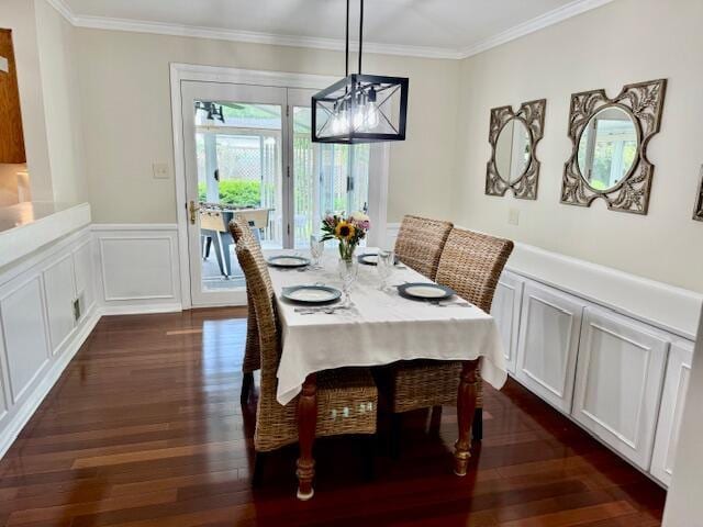 3145 Bembridge Rd, Columbus, OH 43221 - dining room featuring dark wood finished floors, ornamental molding, wainscoting, and a decorative wall