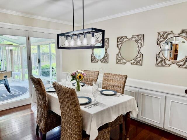 3145 Bembridge Rd, Columbus, OH 43221 - dining room featuring dark wood-type flooring and crown molding