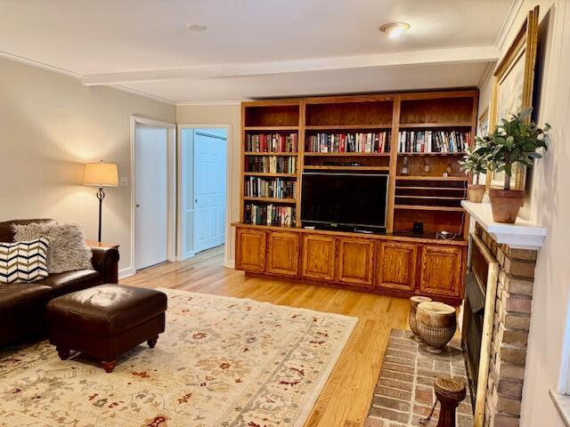 3145 Bembridge Rd, Columbus, OH 43221 - living area featuring light wood-style flooring, a fireplace, and ornamental molding