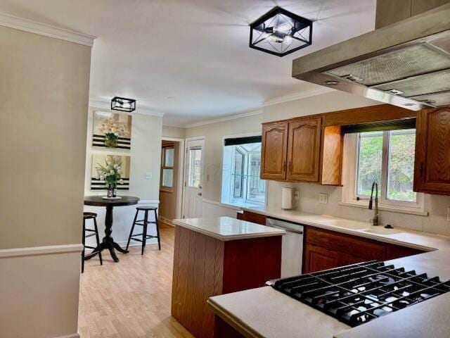 3145 Bembridge Rd, Columbus, OH 43221 - kitchen with a sink, stainless steel dishwasher, light countertops, ornamental molding, and black cooktop