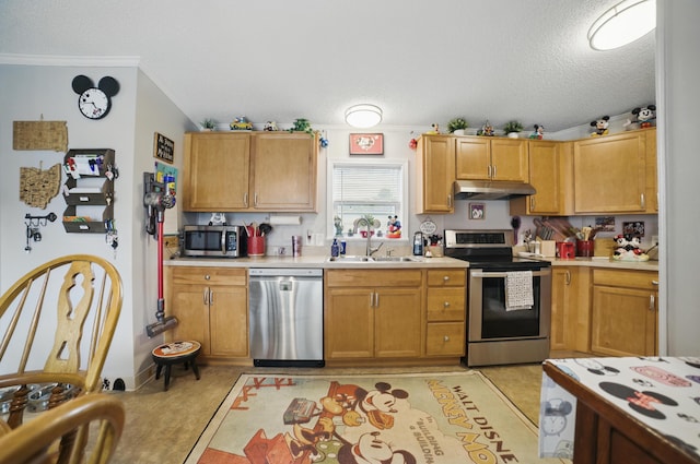 25 Ravine Ridge Dr, Delaware, OH 43015 - kitchen with stainless steel appliances, under cabinet range hood, light countertops, a sink, and a textured ceiling