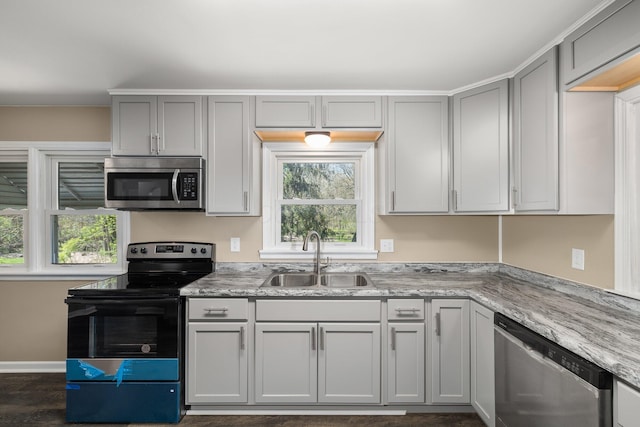 624 Bendle Ave, Shelby, OH 44875 - kitchen featuring appliances with stainless steel finishes, a sink, gray cabinets, and healthy amount of natural light